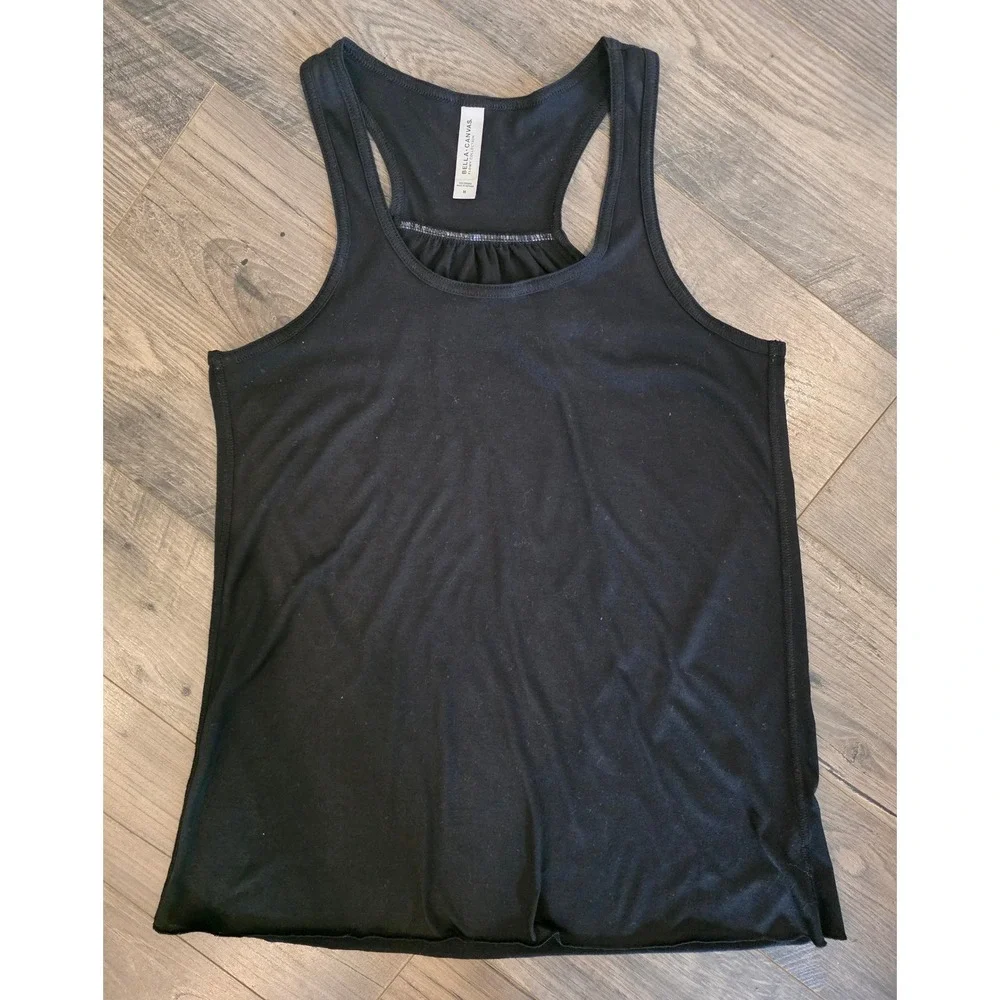 Womens sz M Bella Canvas Flowy Collection Black Racerback Tank Top Model of Duty